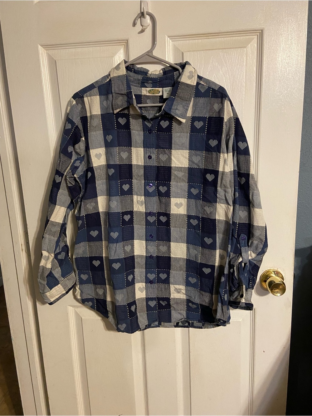 VTG 80s 90s Blue Heart Plaid Collections ETC Button-up TopCotton Cottage Sz XL